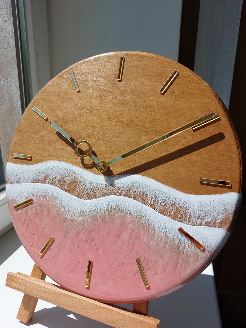 Rose Gold Ocean Wall Clock Resin Art for beachy room decor Pink Epoxy Wave Design Sea Wood Clock image 6