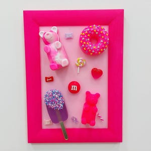 3D Pop Art Pops Candy Painting Donut Gummy bear sculpture in wood frame Marshmallow M&M Dopamine decor