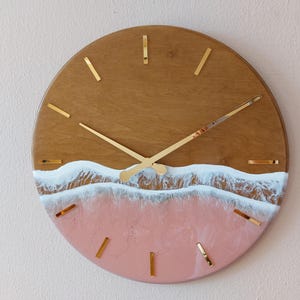 Rose Gold Ocean Wall Clock Resin Art for beachy room decor Pink Epoxy Wave Design Sea Wood Clock image 8