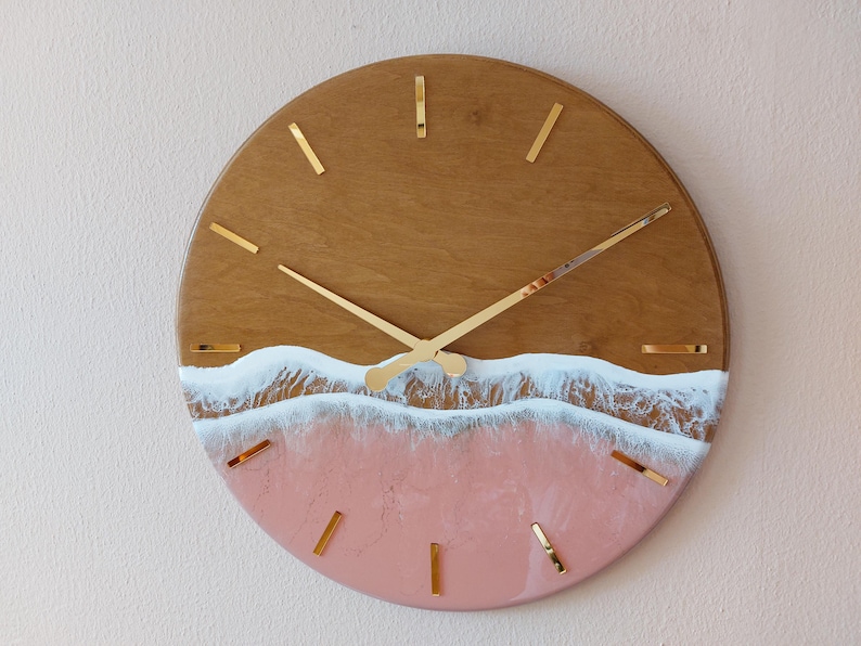 Rose Gold Ocean Wall Clock Resin Art for beachy room decor Pink Epoxy Wave Design Sea Wood Clock image 8
