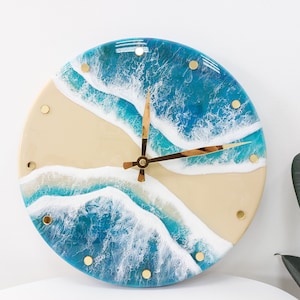 Relógio de parede de resina oceano arte de resina praia e mar decoração de parede exclusiva pintura de onda epóxi mar decoração de casa de praia