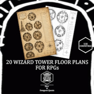 May include: Two printed sheets displaying architectural floor plans for a wizard tower, featuring detailed circular room layouts, a legend, and a compass rose. The text includes 20 WIZARD TOWER FLOOR PLANS FOR RPGS and 5.5E COMPATIBLE.