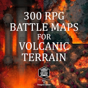 Może przedstawiać: Obraz kompozytowy przedstawiający cztery mapy bitew RPG o tematyce wulkanicznej. Mapy przedstawiają płonące strumienie lawy, skaliste krajobrazy i elementy architektoniczne. Tekst nałożony brzmi "300 RPG BATTLE MAPS FOR VOLCANIC TERRAIN" z logo Dice & Dungeon Quests.