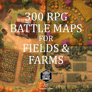 Puede incluir: Ilustración digital de cuatro mapas de batalla RPG para campos y granjas. Los mapas presentan vistas aéreas detalladas de tierras de cultivo, cultivos y edificios. El texto dice "300 RPG BATTLE MAPS FOR FIELDS & FARMS".