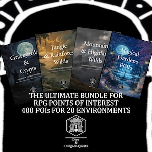 May include: A digital bundle of four RPG guidebooks titled Graveyards & Crypts, Jungle & Rainforest Wilds, Mountain & Highland Wilds, and Magical Gardens POIs. The text reads The Ultimate Bundle for RPG Points of Interest 400 POIs for 20 Environments.
