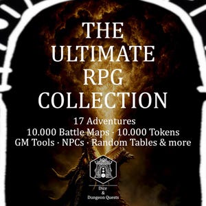 Puede incluir: Anuncio del producto digital "THE ULTIMATE RPG COLLECTION". La imagen tiene un fondo oscuro con un diseño de fuego. El texto blanco enumera 17 aventuras, 10.000 mapas de batalla, 10.000 fichas, herramientas de GM, PNJ y más.
