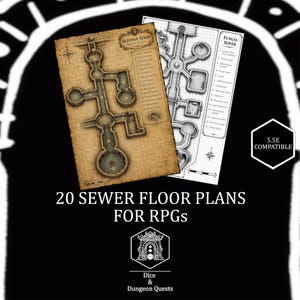 Könnte beinhalten: Zwei gedruckte Grundrisse für Rollenspiele, einer auf gealtertem Pergamentpapier mit dem Titel Oldtown Sewer und einer auf weißem Rasterpapier mit dem Titel Fungal Sewer. Der Text enthält 20 SEWER FLOOR PLANS FOR RPGs, 5.5E COMPATIBLE und Dice & Dungeon Quests.