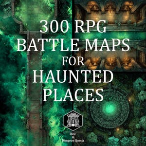 Könnte beinhalten: Ein zusammengesetztes Bild mit vier RPG-Kampfkarten zum Thema Geisterhäuser. Die Karten zeigen verschiedene Orte, darunter eine Brücke, einen Dungeon und einen Wald. Der Text "300 RPG BATTLE MAPS FOR HAUNTED PLACES" ist deutlich sichtbar.