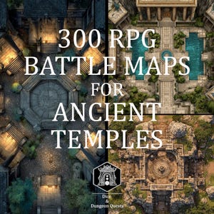 Può includere: Una collezione digitale di 300 mappe di battaglia RPG per antichi templi, con viste dall'alto di architetture in pietra, cortili, piscine e rovine. Il testo 300 RPG BATTLE MAPS FOR ANCIENT TEMPLES e il logo Dice & Dungeon Quests sono visibili.