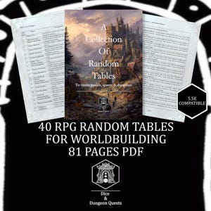 May include: A digital PDF document titled A Collection Of Random Tables to create worlds, quests & dungeons, featuring a fantasy castle illustration, two pages of text tables, and a black hexagonal badge labeled 5.5E COMPATIBLE.
