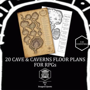 May include: Two printed floor plans for role-playing games, one in sepia tones titled Crystalhew Caverns and one in black and white titled Troll Lair. The text 20 CAVE & CAVERNS FLOOR PLANS FOR RPGS and 5.5E COMPATIBLE is visible on the black background.