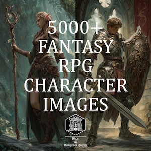 Puede incluir: Ilustración digital de dos personajes de rol de fantasía. Se representa a una elfa con un bastón y a un caballero con armadura. La imagen incluye el texto "5000+ FANTASY RPG CHARACTER IMAGES" y el logotipo de Dice & Dungeon Quests.