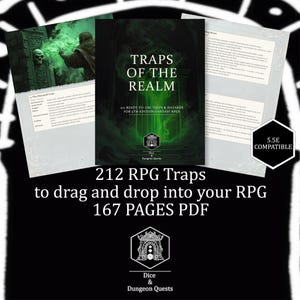 以下が含まれることがあります： Traps of the Realmと題された167ページのPDFで、5EファンタジーRPG用の212の罠と危険が収録されています。表紙には緑色に光るアーチが描かれており、Dice & Dungeon Questsによる5.5E互換の表記があります。