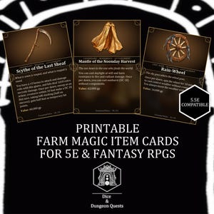 May include: Three rectangular game cards featuring illustrations of a scythe, a golden cloak, and a wooden wheel. The cards include text titles Scythe of the Last Sheaf, Mantle of the Noonday Harvest, and Rain-Wheel, with a 5.5E COMPATIBLE badge.