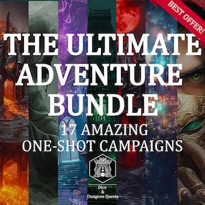 Può includere: Immagine promozionale per un pacchetto di 17 campagne one-shot. Il testo "THE ULTIMATE ADVENTURE BUNDLE" è ben visibile. L'immagine presenta un collage di arte fantasy, con uno striscione "BEST OFFER!".