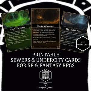 May include: Three rectangular game cards titled The Toxic Sump, The Cult Chamber, and The Sunken Plaza, featuring dark fantasy illustrations and text descriptions for roleplaying games. A black hexagon badge reads 5.5E COMPATIBLE.