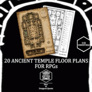 May include: Two printed floor plans for role-playing games, one with a sepia-toned parchment aesthetic titled Temple of Solaris and one in black and white titled Temple of the Divine, both featuring numbered rooms, a compass rose, and a scale bar.