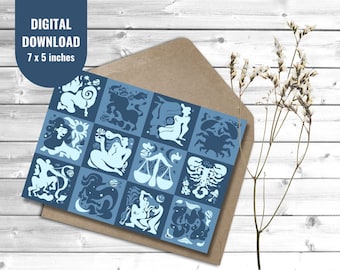 Zodiac Card | Astrology lover | Printable Birthday Card | Digital Greeting Card, Print at Home