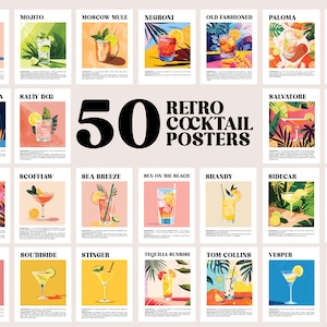 50 Retro Cocktail Poster Bundle, Rezept Cocktail Kunstdruck, Party, Küche, Bar Decor. Matisse, Maximalist, Abstrakter Stil. Herunterladbar