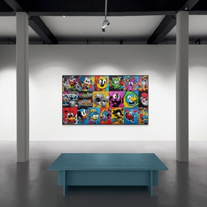 PopArt artwork framed on a poster - collage of artistic cartoon characters. Get the extraordinary picture in comic style now.