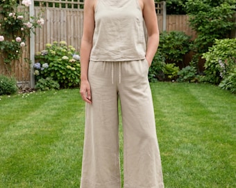 Cotton Linen Summer Loungewear Set: Boho Relaxed Backless Travel Two-Piece