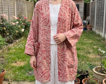 Pink Bohemian Style Cotton Linen Shawl Jacket: Oversized Printed Open Front Kimono Coat