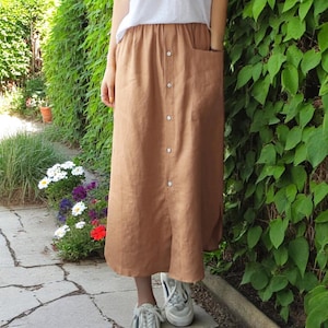 Elastic Linen Cotton Button Skirt: Bohemian Cottage Style Skirt with Pockets