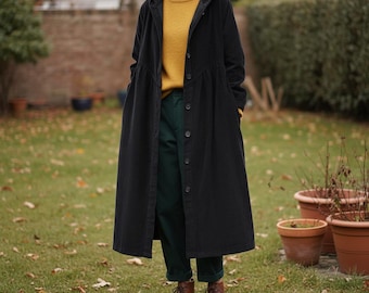 Trench in velluto a coste con bottoni: cappotto retrò in cotone spesso con cappuccio