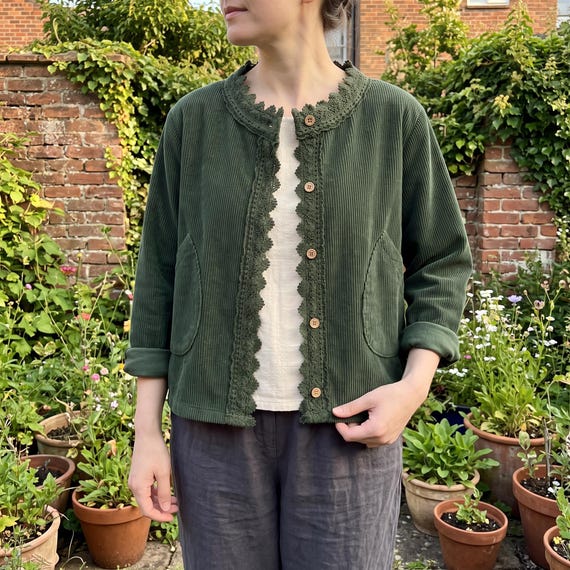 Lace Trim Corduroy Jacket: Light Cotton Button Up Layering Cardigan