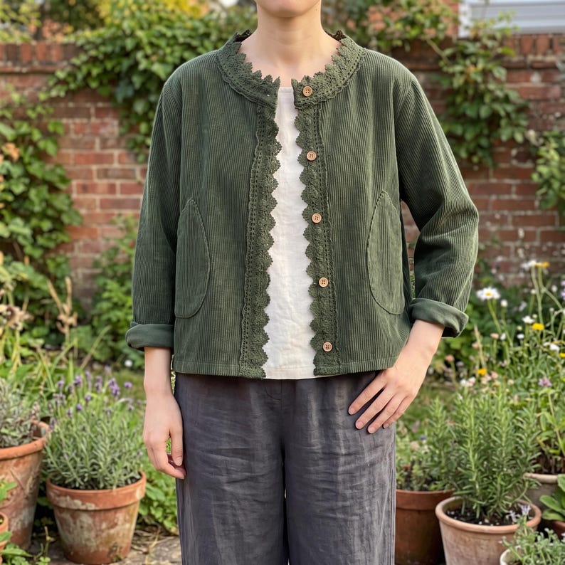 Lace Trim Corduroy Jacket: Cotton Button Up Layering Cardigan image 4