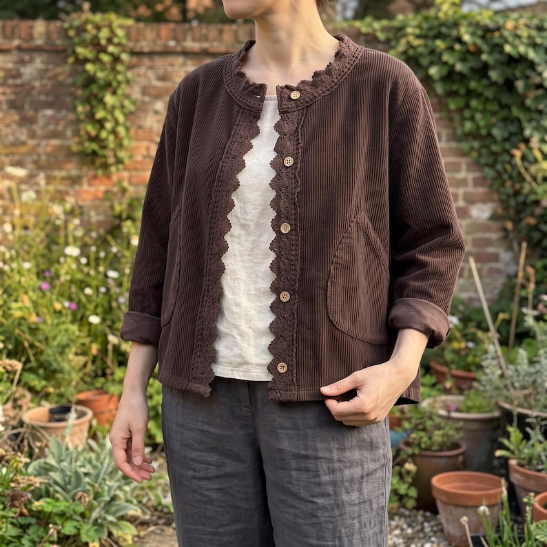 Lace Trim Corduroy Jacket: Cotton Button Up Layering Cardigan Brown