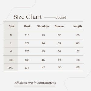 May include: Size chart for a jacket, showing measurements in centimetres for bust, shoulder, sleeve, and length in sizes M, L, XL, 2XL, and 3XL.