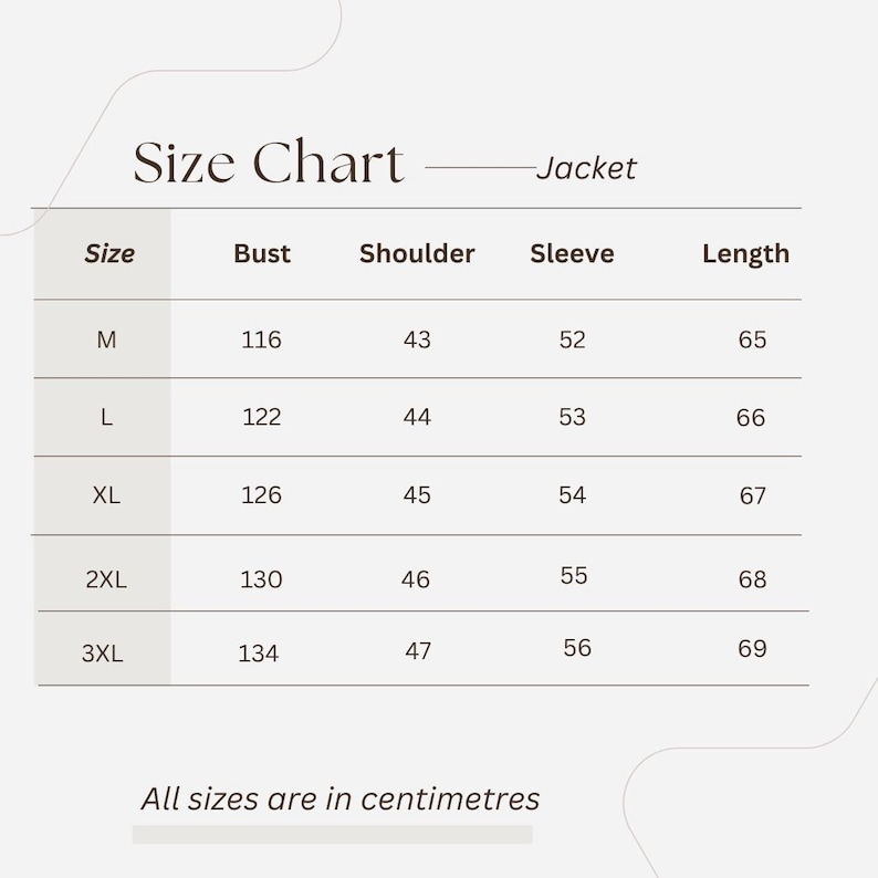 May include: Size chart for a jacket, showing measurements in centimetres for bust, shoulder, sleeve, and length in sizes M, L, XL, 2XL, and 3XL.