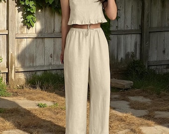 Cotton Ruffled Top and Pants Set: Women's Bohemian Loungewear