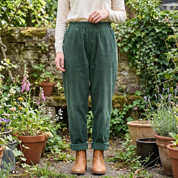 Corduroy Tapered Leg Trousers: Elastic Waist Rolled Cuff Cotton Pants With Pockets