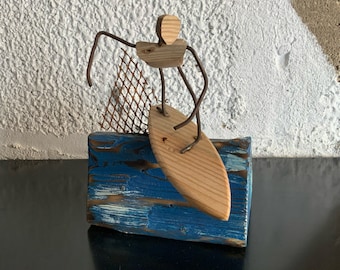 Surf snap - Figura de acción de surf: Escultura artesanal de madera y metal - Regalo para surfistas -