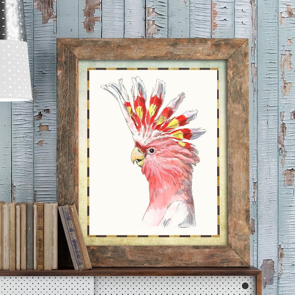 Pink Cockatoo, Printable Drawing, Bird Ink Watercolor Drawing, Pet Parrot Wall Art, Birding Decor, Australia, Digital Download for Printing