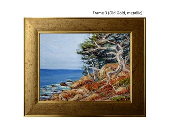 Original Coastal Oil Painting Framed, Big Sur California Landscape, Monterey Cypress Tree Wall Art, Heavy Impasto Shoreline Decor, 6x8 in