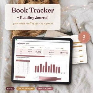 Op de afbeelding: Een digitale boeken-tracker en leesdagboek weergegeven op een tabletscherm. De interface toont My Reading Year-statistieken, inclusief gelezen boeken, gelezen pagina's en een staafdiagram. Tekst bevat Book Tracker + Reading Journal.