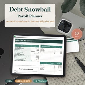 Op de afbeelding: Een digitale Debt Snowball Payoff Planner op een tabletscherm, met een Debt-Free Dashboard inclusief financiële overzichten, betalingsschema's en aflossingslijsten. De interface bevat tekstlabels voor Excel, Google Sheets en No Paywall.