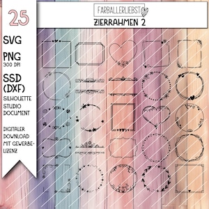 May include: Digital download graphic set featuring 25 black decorative frames and borders. Includes heart, square, and circular designs with floral and star accents. The text on the image reads "FARBALLERLIEBST ZIERRAHMEN 2" and "DIGITALER DOWNLOAD MIT GEWERBE-LIZENZ".