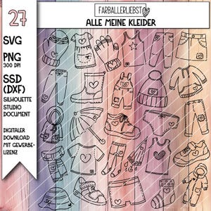 May include: A digital download graphic featuring various clothing items, including a dress, boots, pants, and a jacket, all adorned with heart designs. The image includes the text "ALLE MEINE KLEIDER" and "DIGITALER DOWNLOAD".