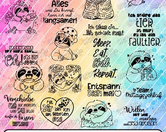 May include: A digital collection of 21 black line art illustrations featuring sloths in various poses with German text phrases, set against a vibrant rainbow watercolor background. The graphics include sloths sleeping, bathing, and holding hearts.