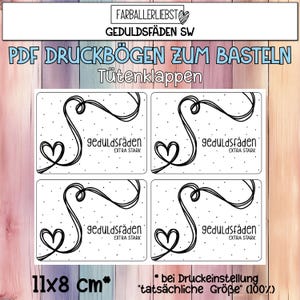 Könnte beinhalten: Ein Bogen mit vier rechteckigen Etiketten mit einem schwarz-weißen Design. Jedes Etikett zeigt ein Herz, eine Schleife und den Text "geduldsfäden EXTRA STARK." Das Blatt misst 11x8 cm.