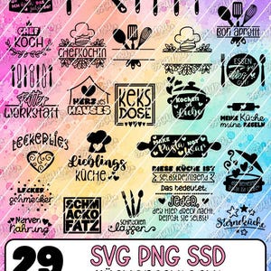 May include: A collection of 29 black graphic designs featuring kitchen utensils, cooking pots, rolling pins, and German text phrases on a colorful watercolor background. The designs include various culinary icons and typography for kitchen decor.
