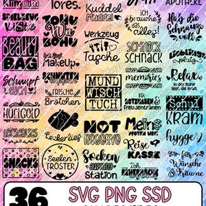 Könnte beinhalten: Eine Sammlung von 36 schwarzen Grafikdesigns mit verschiedenen deutschen Sprüchen und Symbolen auf einem regenbogenfarbenen Aquarellhintergrund. Der Text enthält Beschriftungen wie Baby Stuff, Beauty Bag, Snacks und Mund Wisch Tuch, mit SVG PNG SSD alltagsdinge.