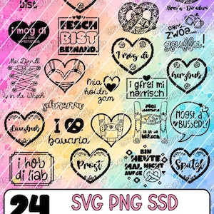 Puede incluir: Una colección digital de 24 diseños gráficos en negro con motivos bávaros como corazones, pretzels y elementos de ropa tradicional con texto en alemán, sobre un fondo de acuarela vibrante y multicolor.