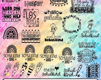 Pode incluir: Uma coleção de 31 designs gráficos pretos sobre um fundo de aquarela arco-íris, com ilustrações escolares como lápis, mochilas, arco-íris e texto em alemão como Schulkind, Hurra Schulanfang e Du schaffst das.