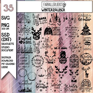Könnte beinhalten: Ein digitales Download-Grafikdesign-Set mit winterlichen Illustrationen. Das Set enthält verschiedene Designs wie Rentiere, Schneeflocken, Weihnachtsbäume und Textphrasen wie "Hello Winter" und "Let it snow". Die Designs sind in Schwarz und Weiß.