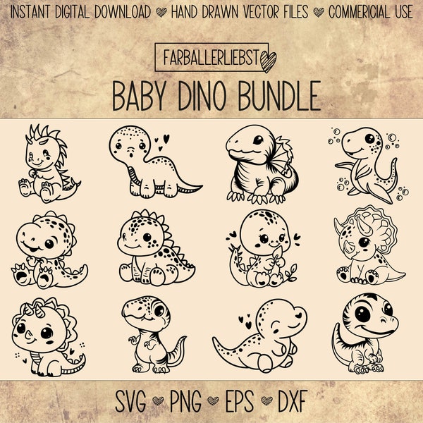 Baby Dino Plotterdateien Dinosaurier Kinder Plotten Silhouette Brother Cricut Digital Bundle Laser SVG PNG Ausmalbild Farballerliebst